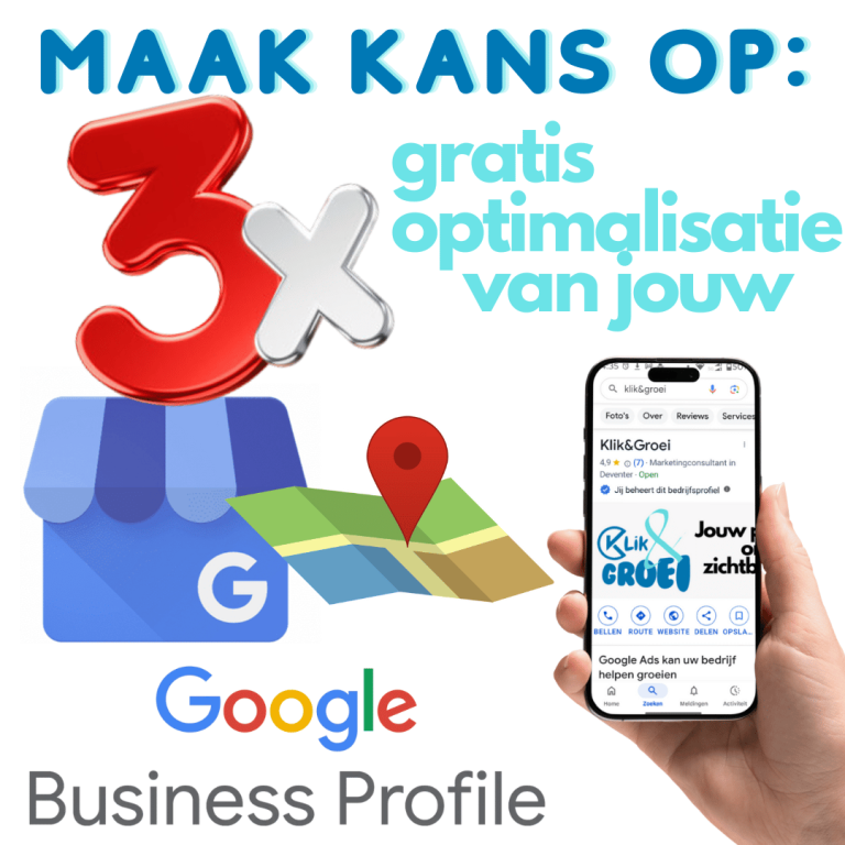 Drie keer gratis optimalisatie voor Google Business Profile met smartphone en plattegrond.
