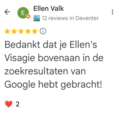 Review met vijf sterren voor Ellen Valk, vermeldt dankbaarheid voor goede zoekresultaten.