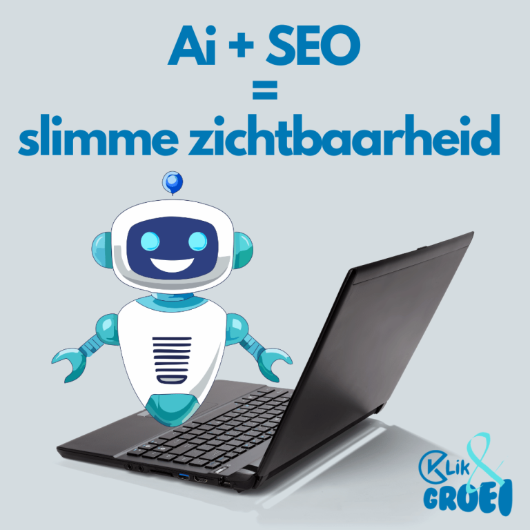 Robot op laptop Een robot met een glimlach staat naast een laptop, met de tekst over AI en SEO.