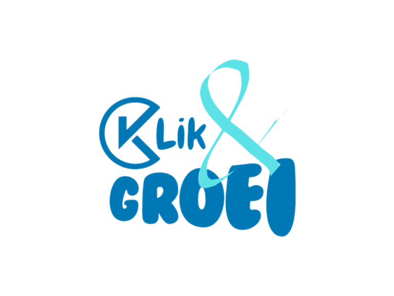 Logo met de tekst "Klik & Groei" in blauw met een lichtblauwe band.