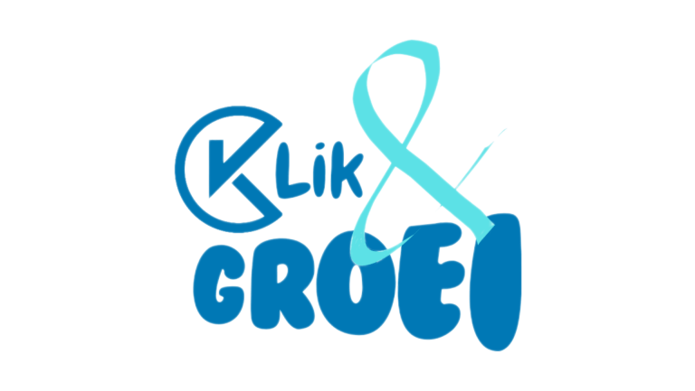 Logo met de tekst "Klik & Groei" in blauw en turquoise letters.