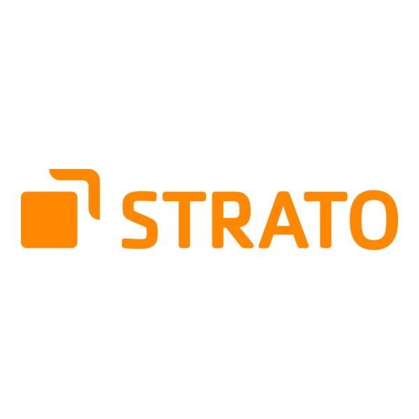 Logo van Strato, met de naam in oranje letters en een eenvoudig pictogram.