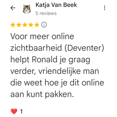 Review van Katja Van Beek over Ronald: vriendelijk en behulpzaam voor online zichtbaarheid.