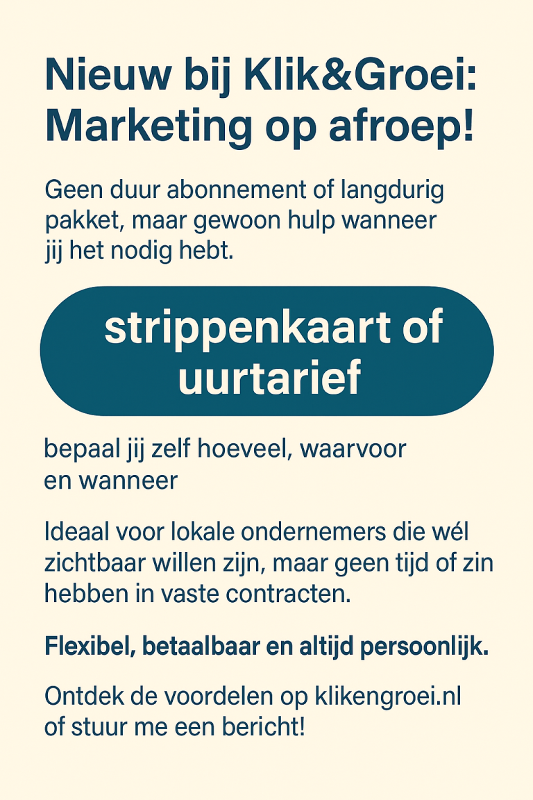 Tekst over abonnement bij Klik&Groei voor marketingdiensten met opties voor tijdsbepaling.
